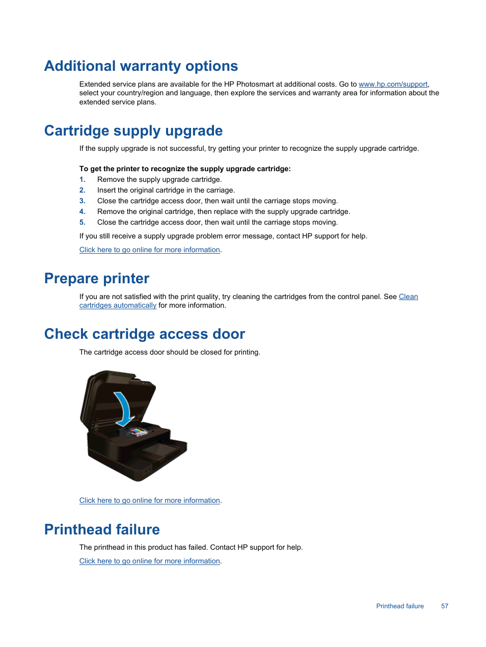 Additional warranty options, Cartridge supply upgrade, Prepare printer | Check cartridge access door, Printhead failure | HP Photosmart 7520 e-All-in-One Printer User Manual | Page 59 / 102