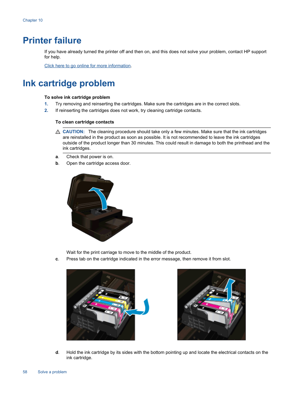 Printer failure, Ink cartridge problem, Printer failure ink cartridge problem | HP Photosmart 7520 e-All-in-One Printer User Manual | Page 60 / 102