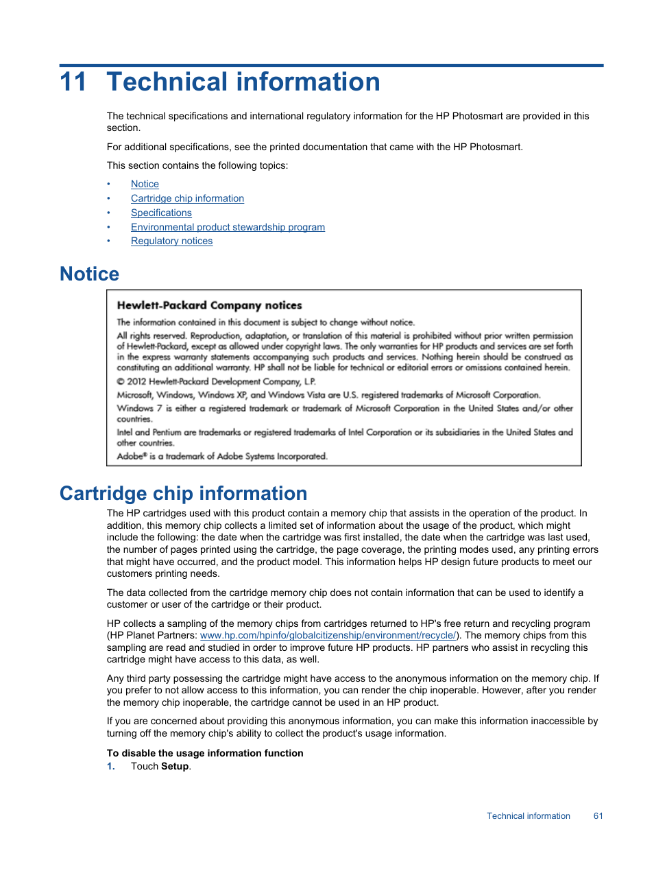 Technical information, Notice, Cartridge chip information | Notice cartridge chip information, 11 technical information | HP Photosmart 7520 e-All-in-One Printer User Manual | Page 63 / 102