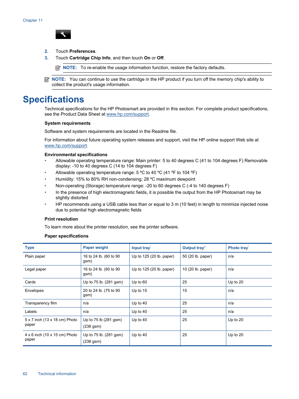 Specifications | HP Photosmart 7520 e-All-in-One Printer User Manual | Page 64 / 102