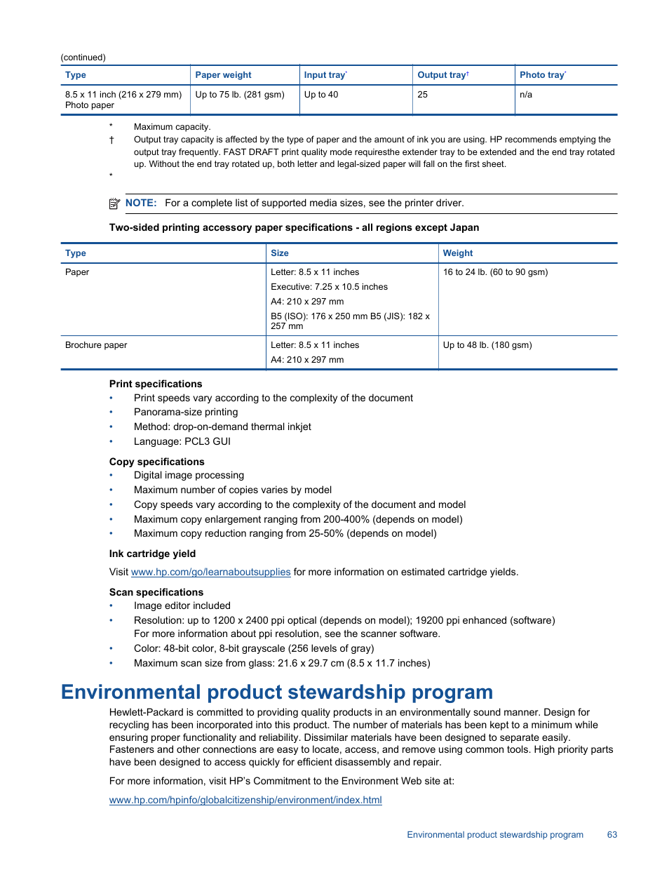 Environmental product stewardship program, Tray | HP Photosmart 7520 e-All-in-One Printer User Manual | Page 65 / 102