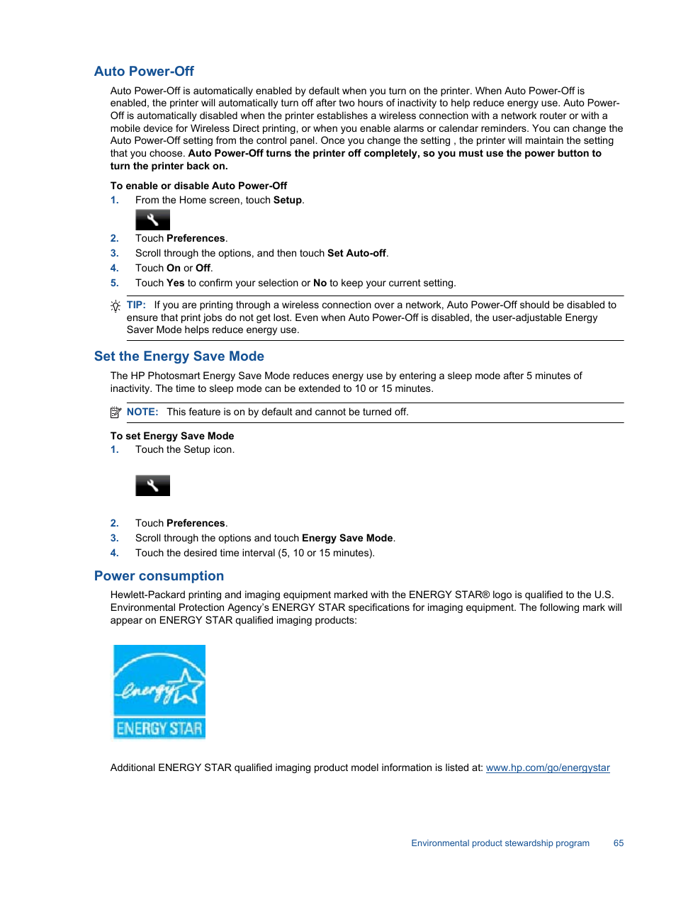 Auto power-off, Set the energy save mode, Power consumption | Auto power | HP Photosmart 7520 e-All-in-One Printer User Manual | Page 67 / 102