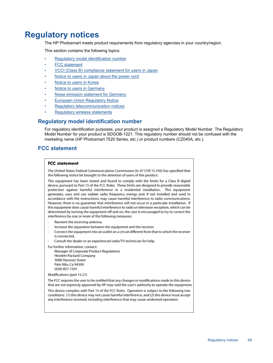 Regulatory notices, Regulatory model identification number, Fcc statement | HP Photosmart 7520 e-All-in-One Printer User Manual | Page 71 / 102