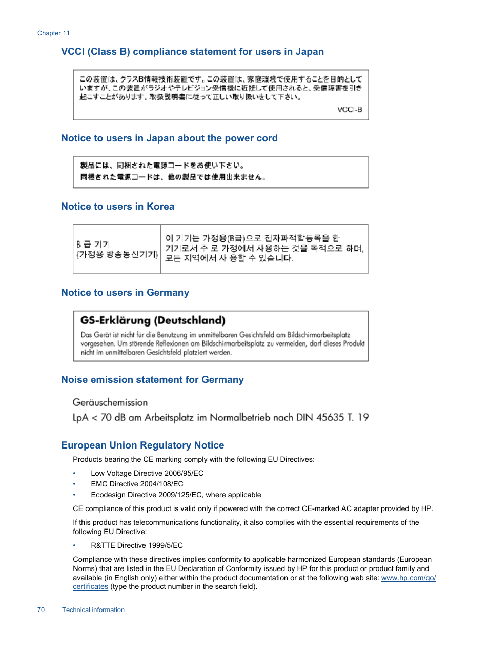 Notice to users in japan about the power cord, Notice to users in korea, Notice to users in germany | Noise emission statement for germany, European union regulatory notice | HP Photosmart 7520 e-All-in-One Printer User Manual | Page 72 / 102