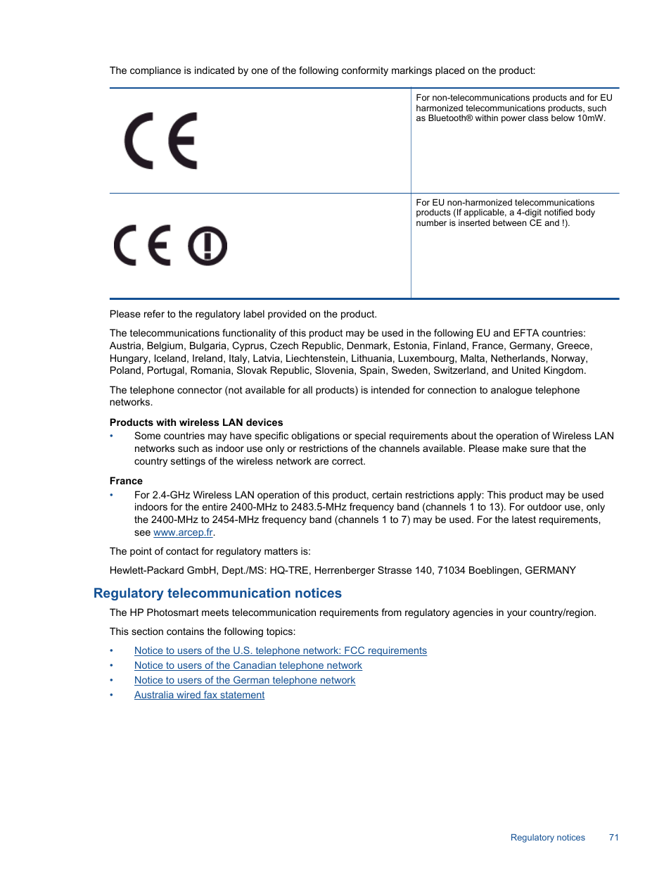 Regulatory telecommunication notices | HP Photosmart 7520 e-All-in-One Printer User Manual | Page 73 / 102