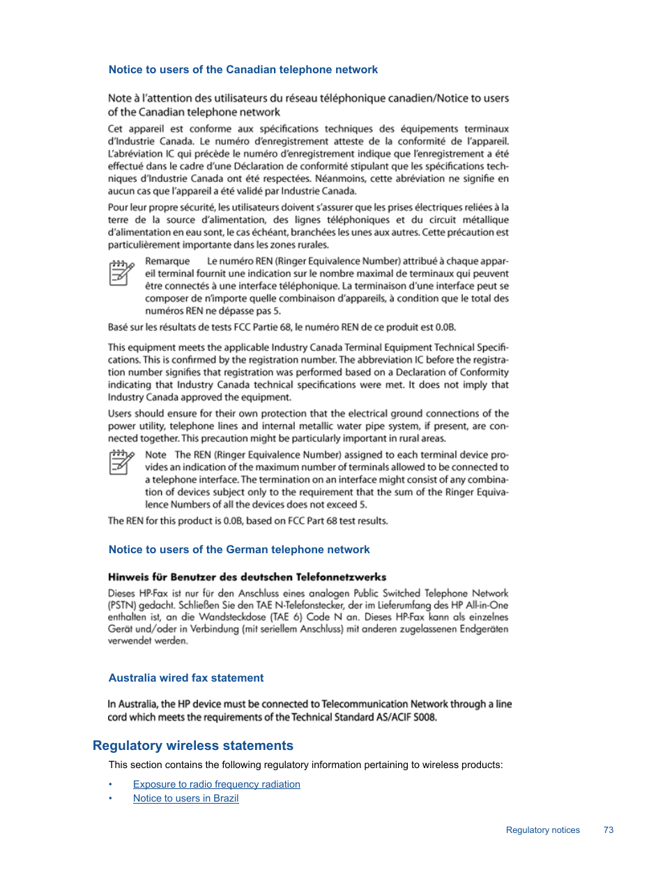 Notice to users of the canadian telephone network, Notice to users of the german telephone network, Australia wired fax statement | Regulatory wireless statements | HP Photosmart 7520 e-All-in-One Printer User Manual | Page 75 / 102