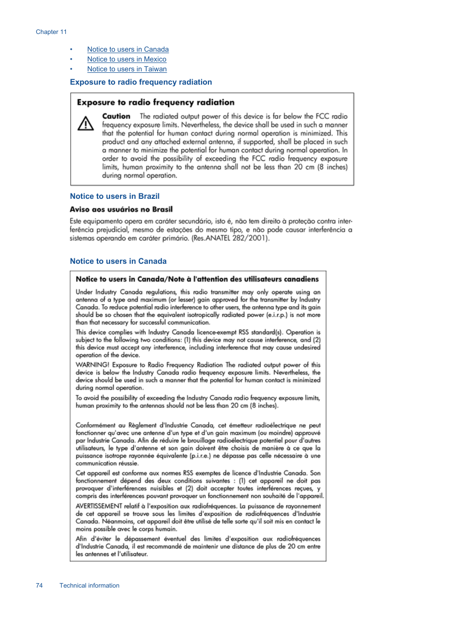 Exposure to radio frequency radiation, Notice to users in brazil, Notice to users in canada | HP Photosmart 7520 e-All-in-One Printer User Manual | Page 76 / 102