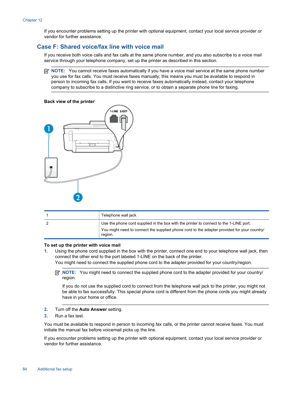 Case f: shared voice/fax line with voice mail | HP Photosmart 7520 e-All-in-One Printer User Manual | Page 86 / 102