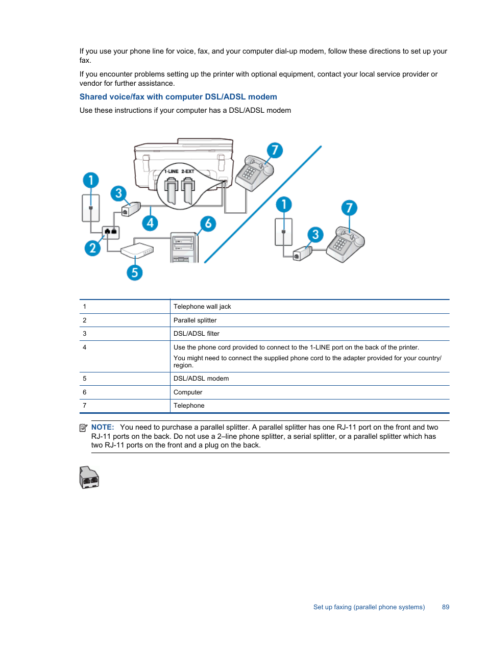 Shared voice/fax with computer dsl/adsl modem | HP Photosmart 7520 e-All-in-One Printer User Manual | Page 91 / 102