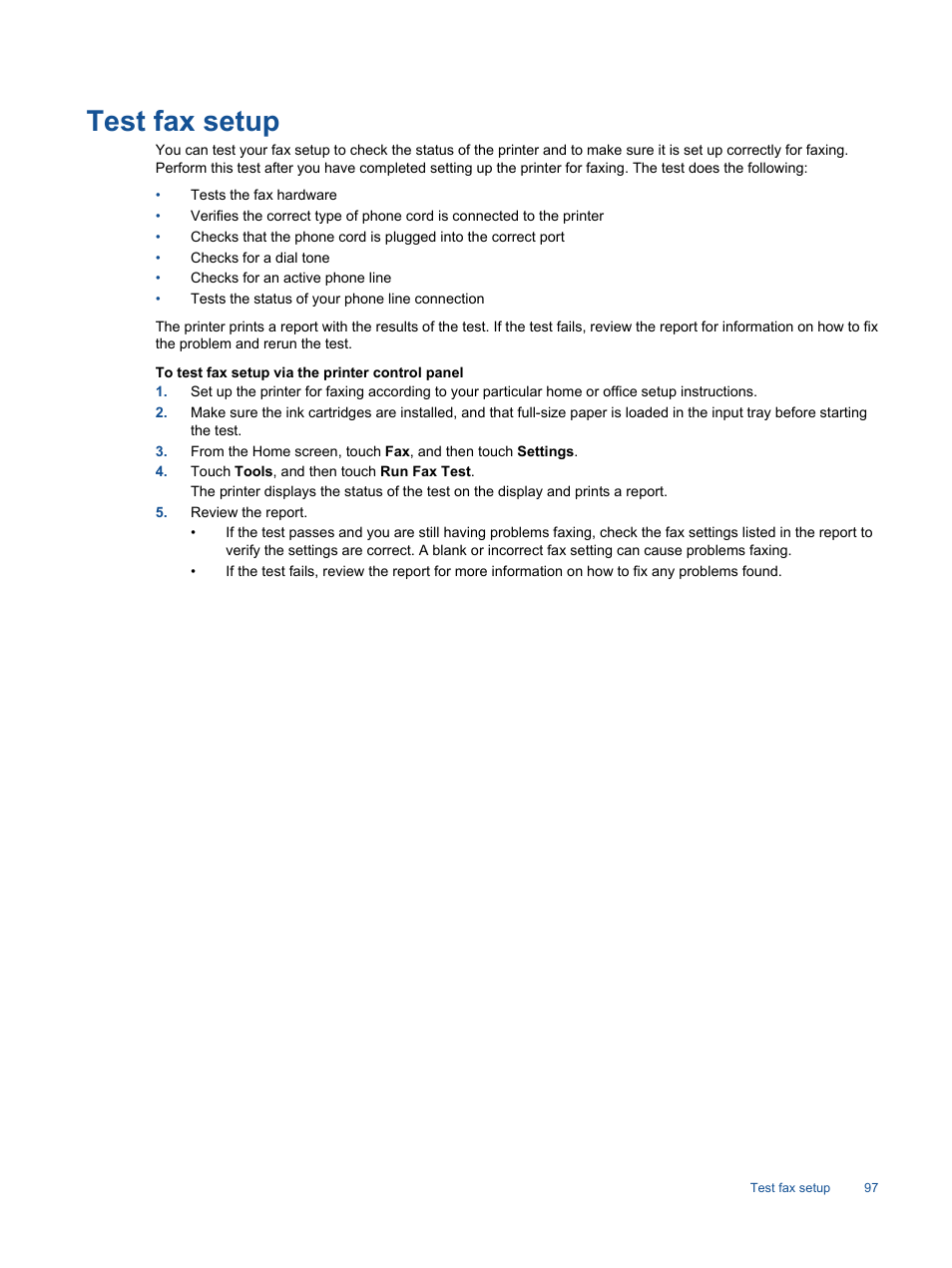 Test fax setup | HP Photosmart 7520 e-All-in-One Printer User Manual | Page 99 / 102