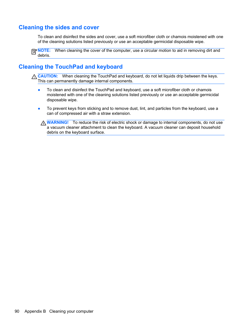Cleaning the sides and cover, Cleaning the touchpad and keyboard | HP EliteBook 2570p Notebook PC User Manual | Page 100 / 106