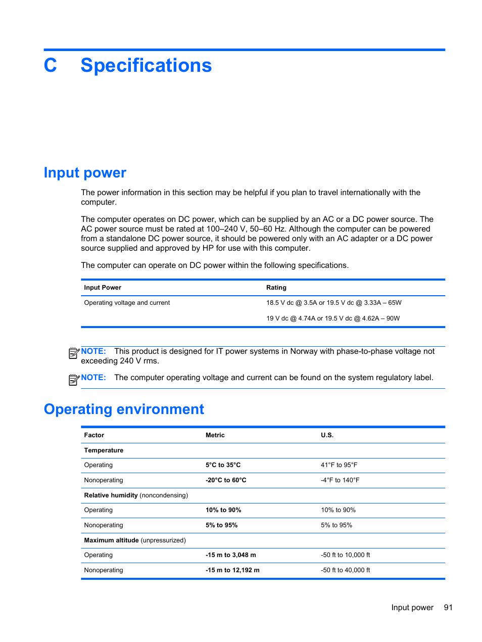 Specifications, Input power, Operating environment | Appendix c specifications, Input power operating environment, Cspecifications | HP EliteBook 2570p Notebook PC User Manual | Page 101 / 106