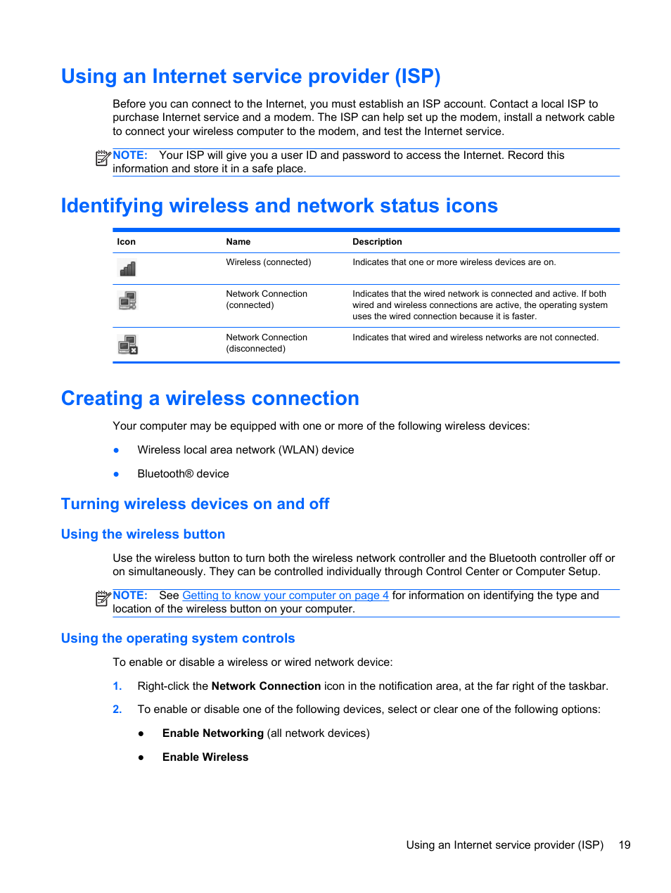 Using an internet service provider (isp), Identifying wireless and network status icons, Creating a wireless connection | Turning wireless devices on and off, Using the wireless button, Using the operating system controls | HP EliteBook 2570p Notebook PC User Manual | Page 29 / 106