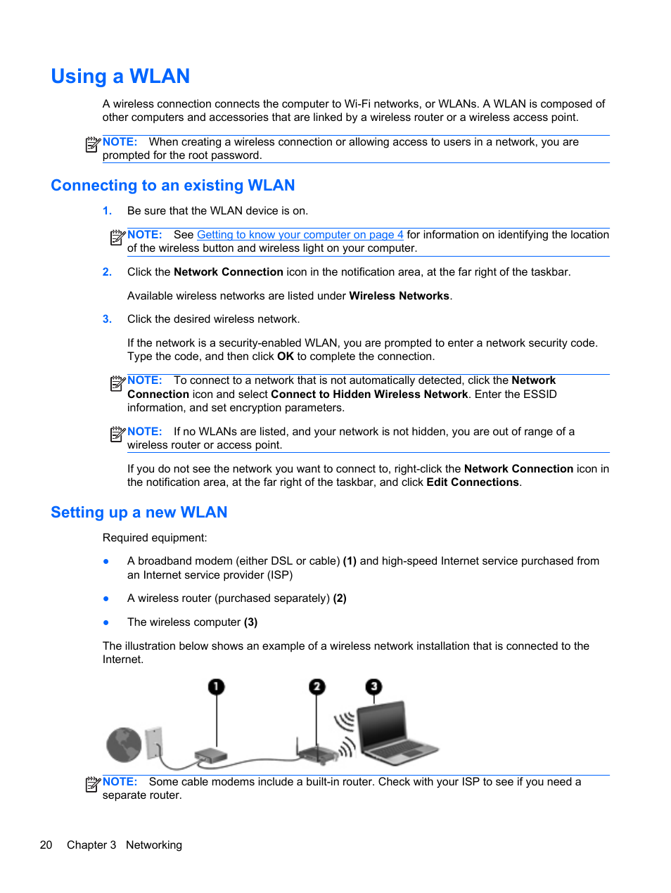 Using a wlan, Connecting to an existing wlan, Setting up a new wlan | Connecting to an | HP EliteBook 2570p Notebook PC User Manual | Page 30 / 106