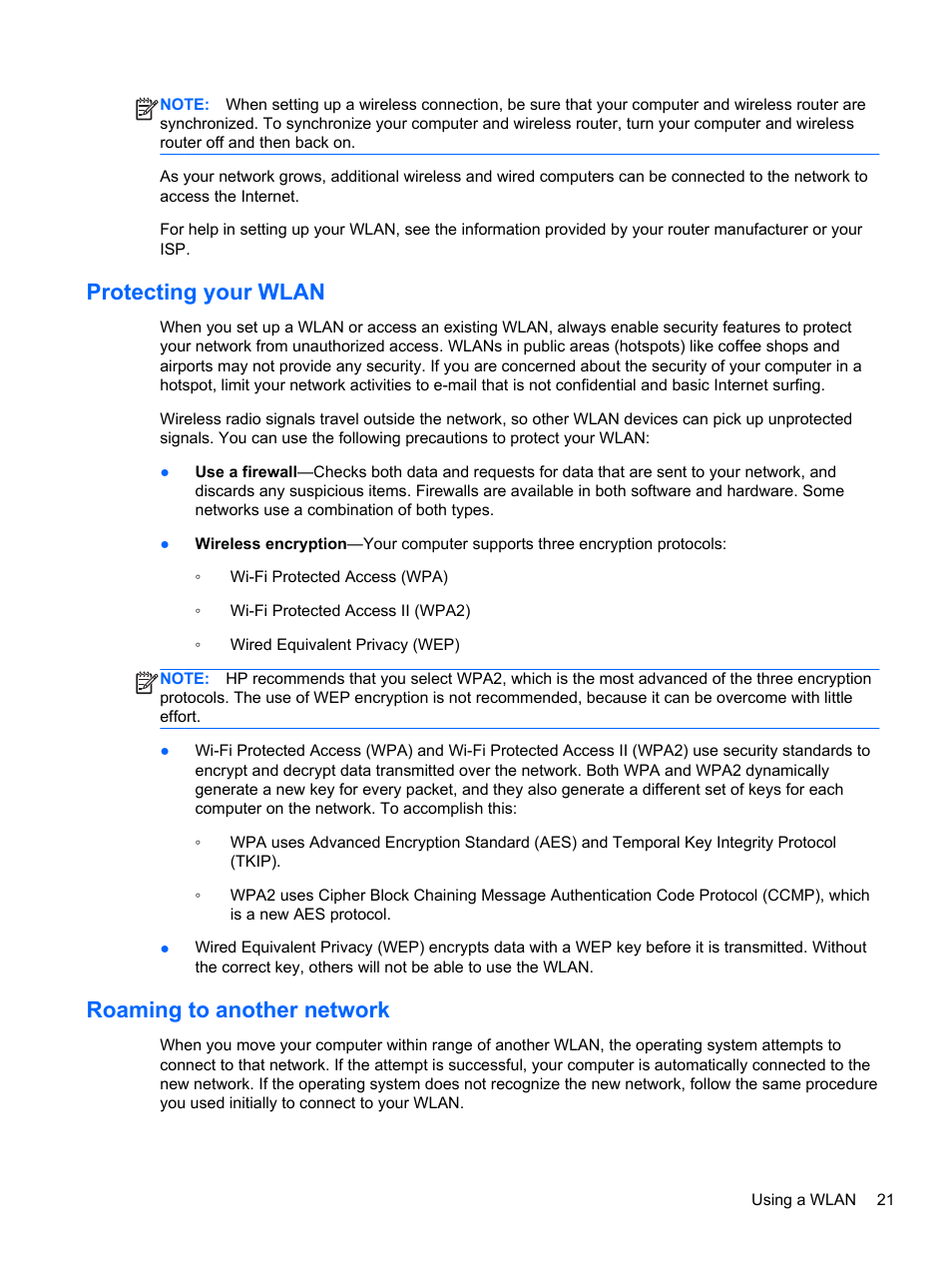 Protecting your wlan, Roaming to another network, Protecting your wlan roaming to another network | HP EliteBook 2570p Notebook PC User Manual | Page 31 / 106