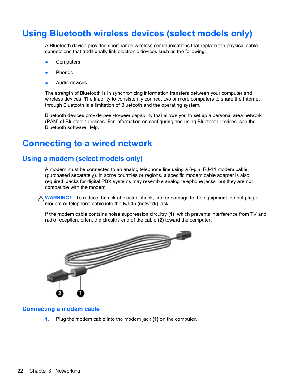 Connecting to a wired network, Using a modem (select models only), Connecting a modem cable | HP EliteBook 2570p Notebook PC User Manual | Page 32 / 106