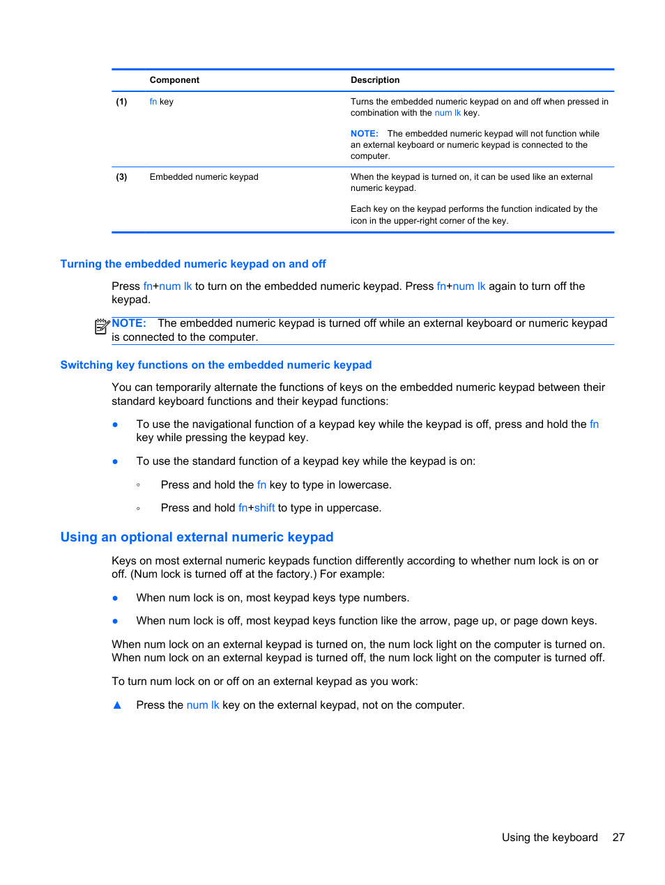 Turning the embedded numeric keypad on and off, Using an optional external numeric keypad | HP EliteBook 2570p Notebook PC User Manual | Page 37 / 106