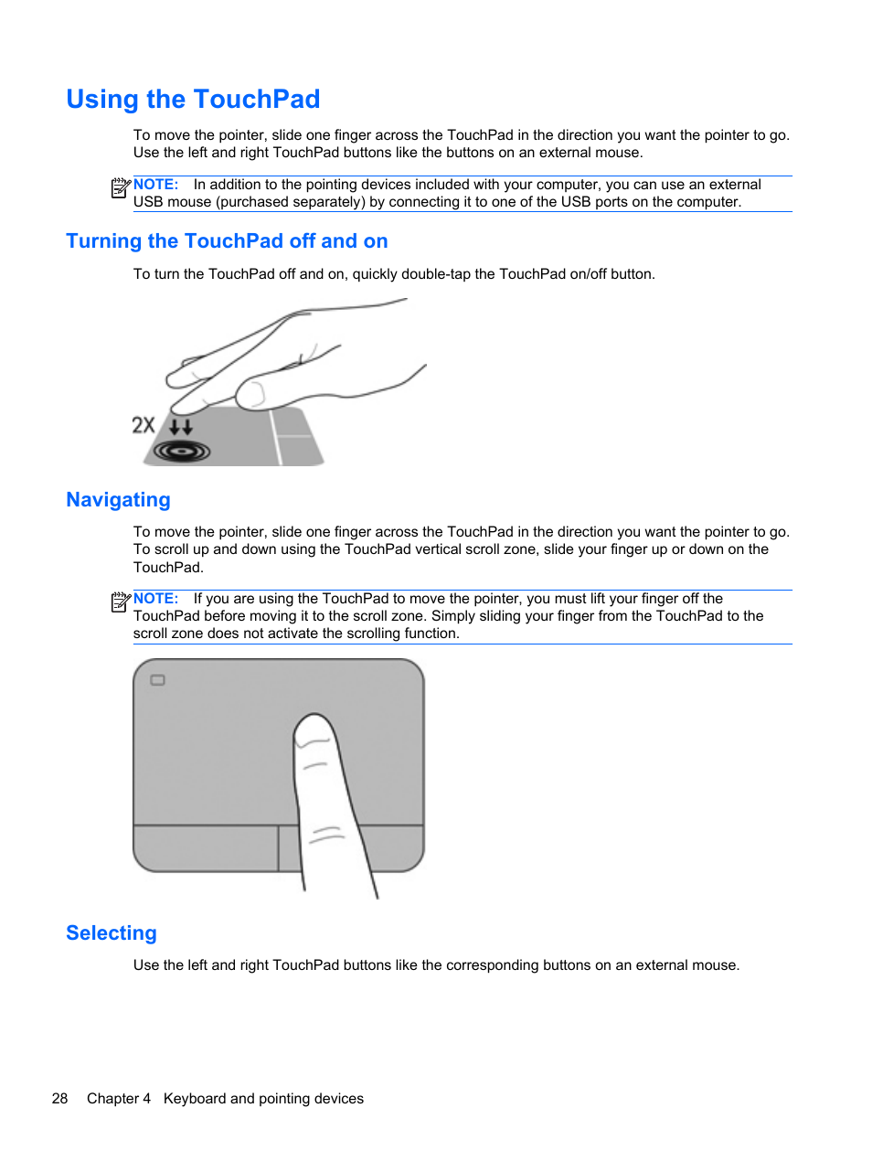 Using the touchpad, Turning the touchpad off and on, Navigating | Selecting | HP EliteBook 2570p Notebook PC User Manual | Page 38 / 106