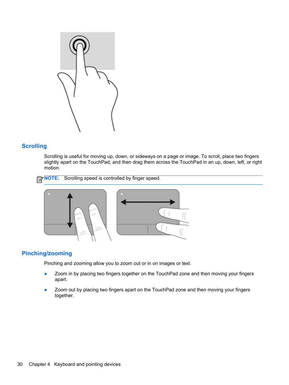 Scrolling, Pinching/zooming, Scrolling pinching/zooming | HP EliteBook 2570p Notebook PC User Manual | Page 40 / 106