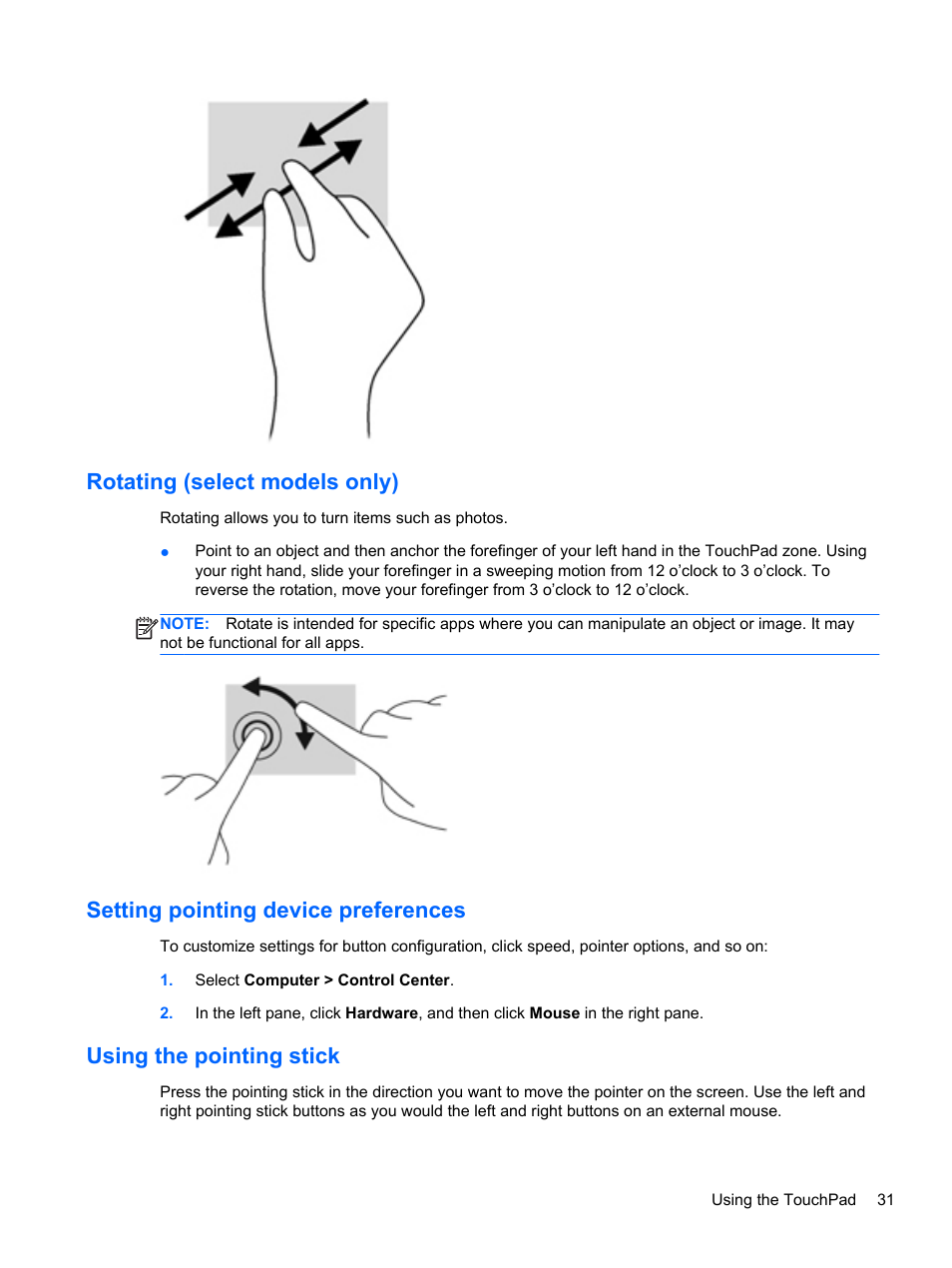 Rotating (select models only), Setting pointing device preferences, Using the pointing stick | HP EliteBook 2570p Notebook PC User Manual | Page 41 / 106