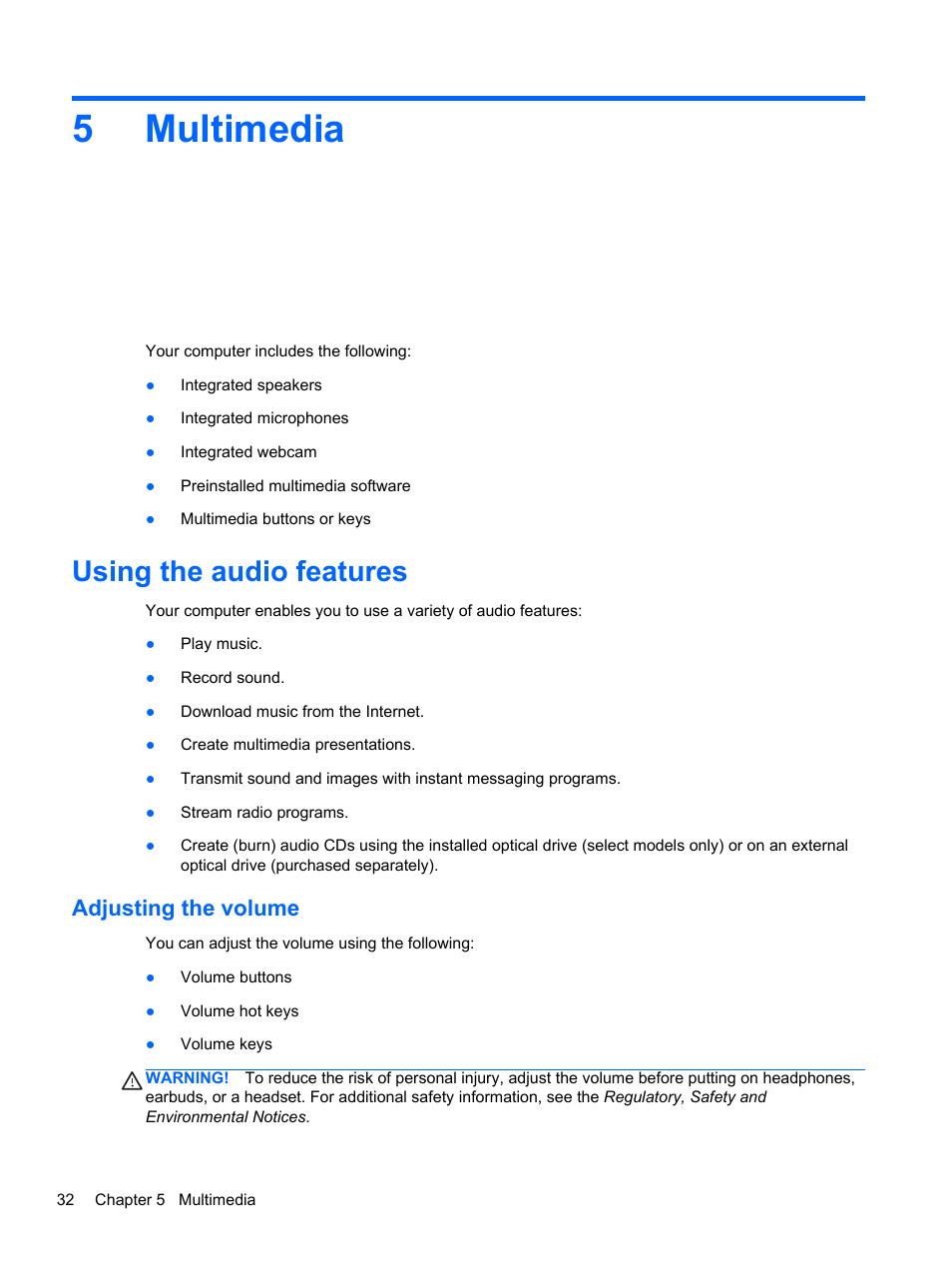 Multimedia, Using the audio features, Adjusting the volume | 5 multimedia, 5multimedia | HP EliteBook 2570p Notebook PC User Manual | Page 42 / 106