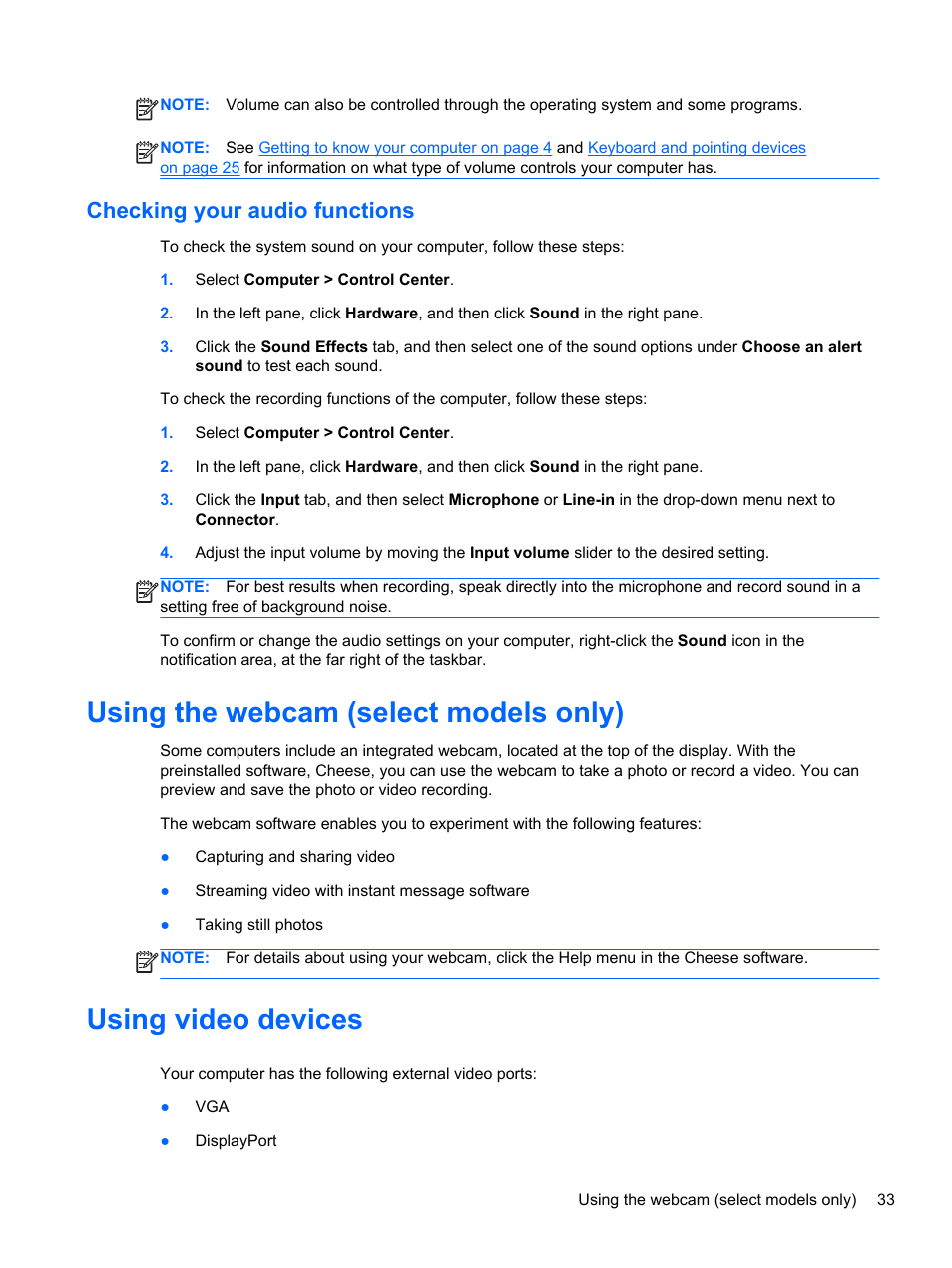 Checking your audio functions, Using the webcam (select models only), Using video devices | HP EliteBook 2570p Notebook PC User Manual | Page 43 / 106