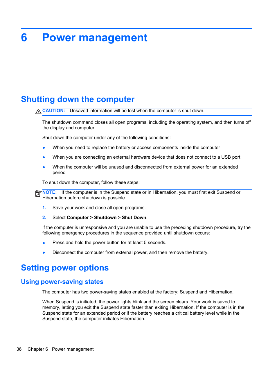 Power management, Shutting down the computer, Setting power options | Using power-saving states, 6 power management, Shutting down the computer setting power options, 6power management | HP EliteBook 2570p Notebook PC User Manual | Page 46 / 106