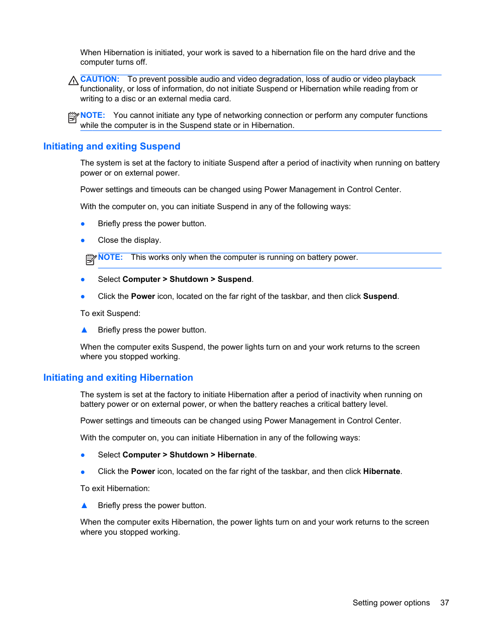 Initiating and exiting suspend, Initiating and exiting hibernation | HP EliteBook 2570p Notebook PC User Manual | Page 47 / 106