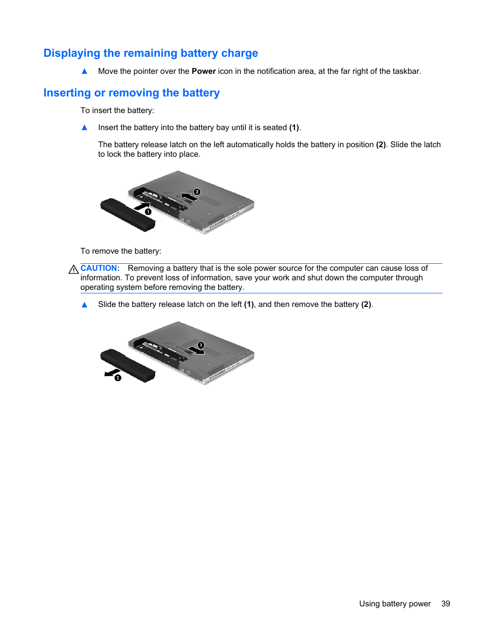 Displaying the remaining battery charge, Inserting or removing the battery | HP EliteBook 2570p Notebook PC User Manual | Page 49 / 106