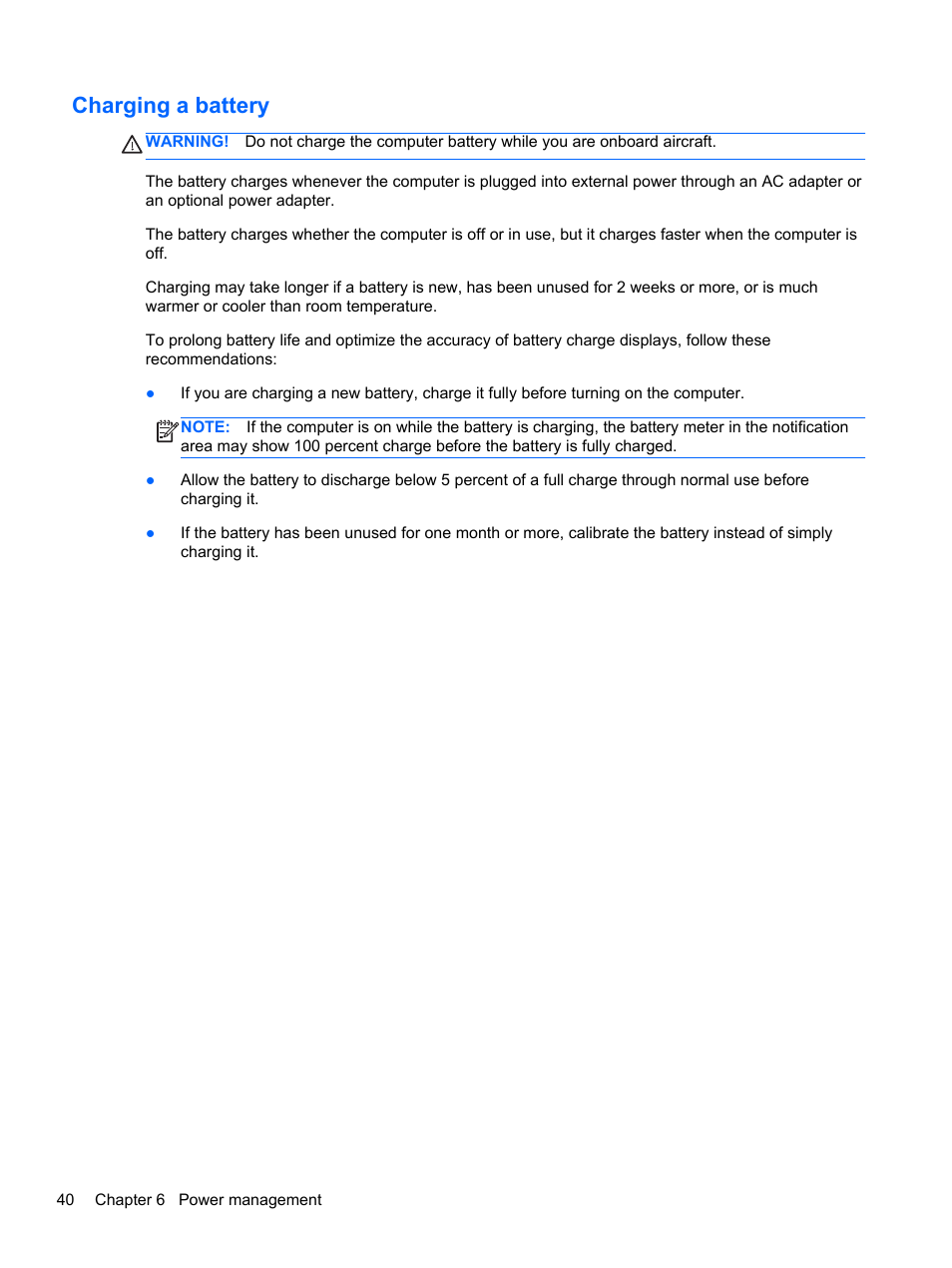 Charging a battery | HP EliteBook 2570p Notebook PC User Manual | Page 50 / 106