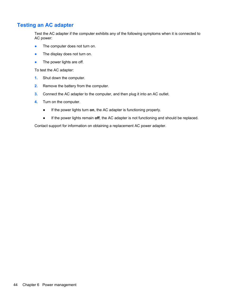 Testing an ac adapter | HP EliteBook 2570p Notebook PC User Manual | Page 54 / 106