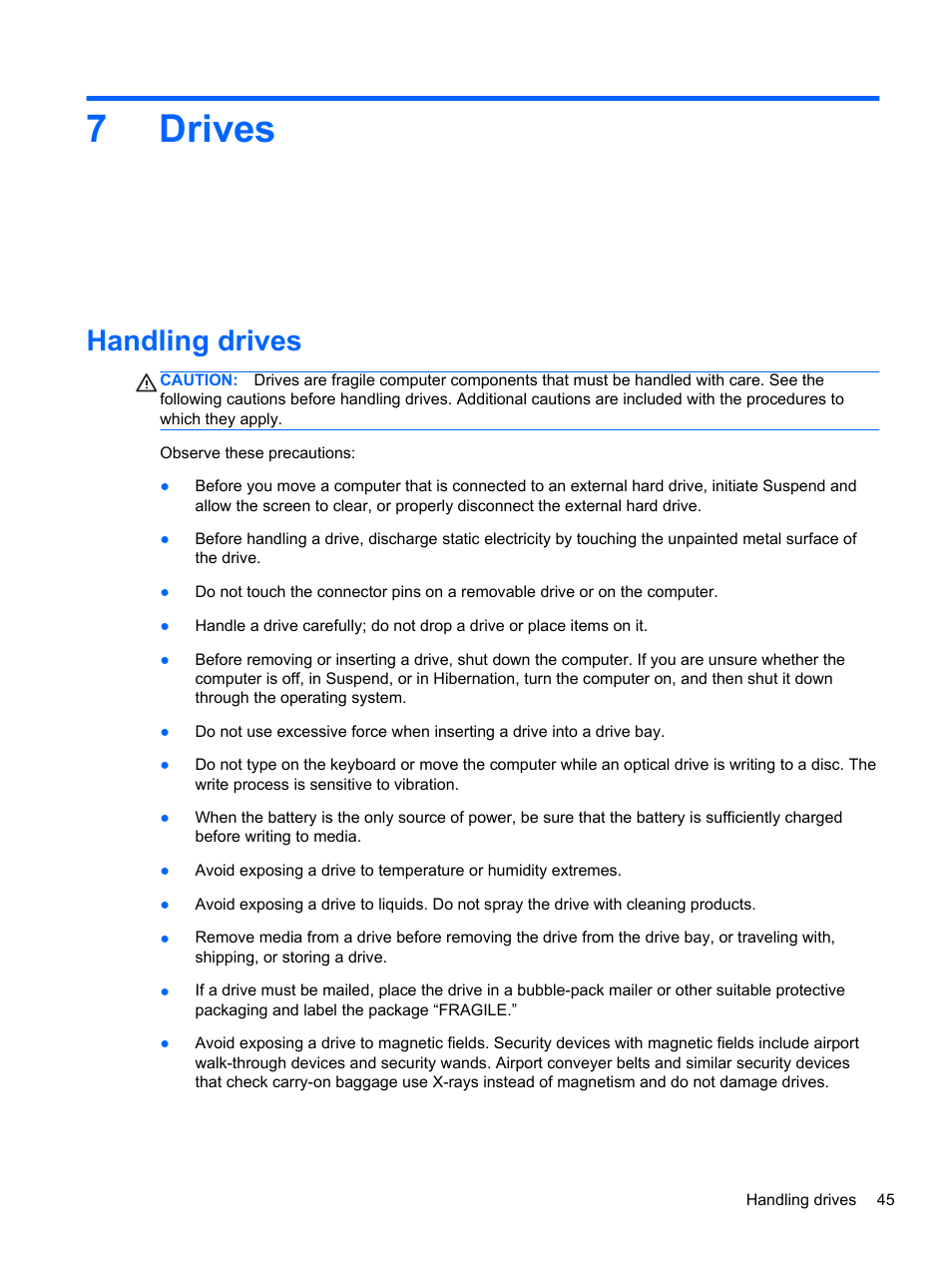 Drives, Handling drives, 7 drives | 7drives | HP EliteBook 2570p Notebook PC User Manual | Page 55 / 106