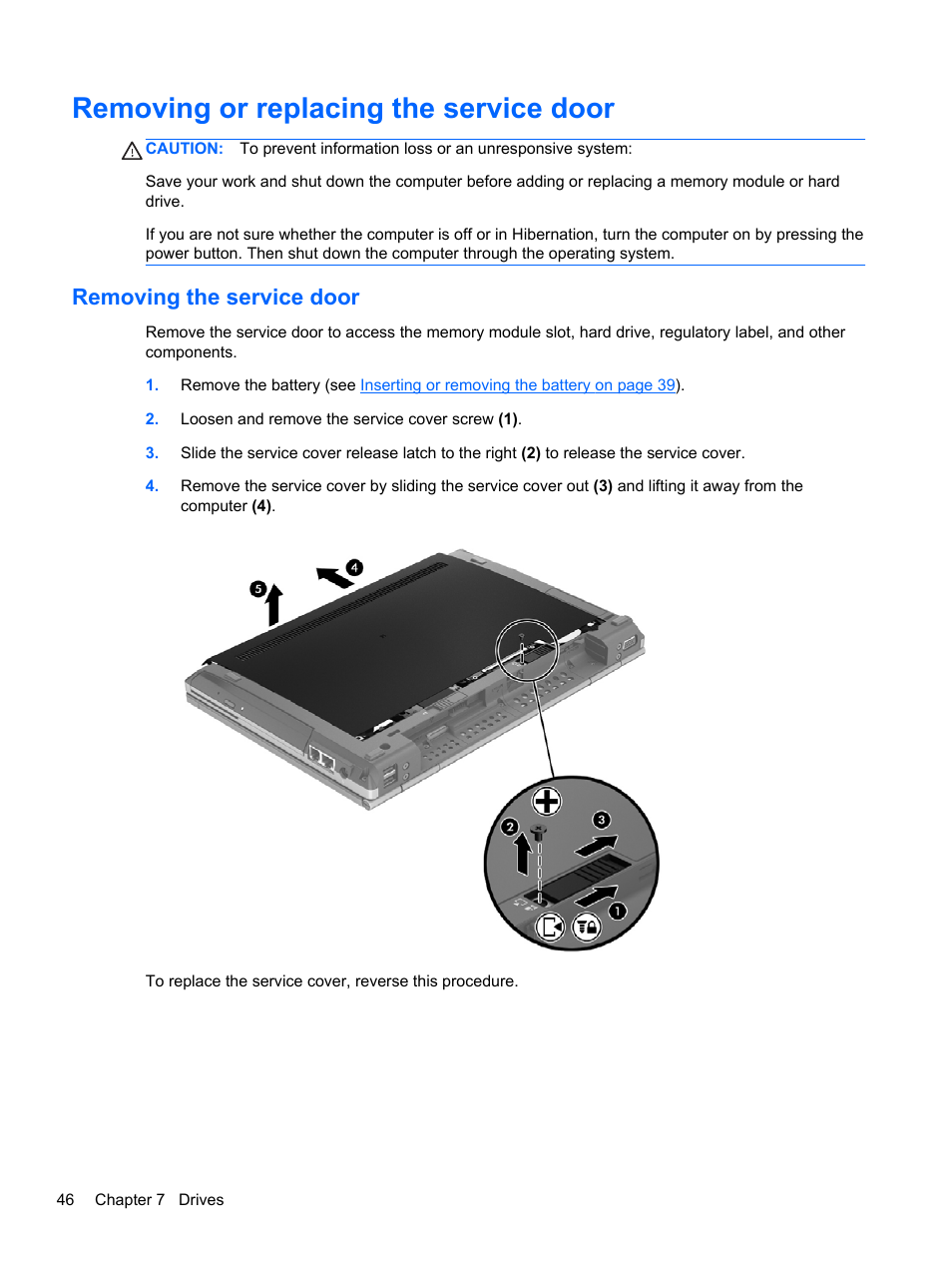 Removing or replacing the service door, Removing the service door | HP EliteBook 2570p Notebook PC User Manual | Page 56 / 106