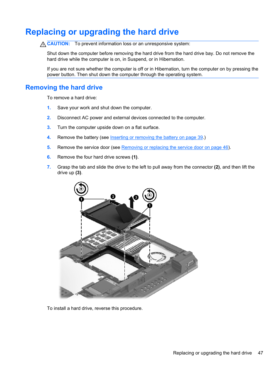 Replacing or upgrading the hard drive, Removing the hard drive | HP EliteBook 2570p Notebook PC User Manual | Page 57 / 106