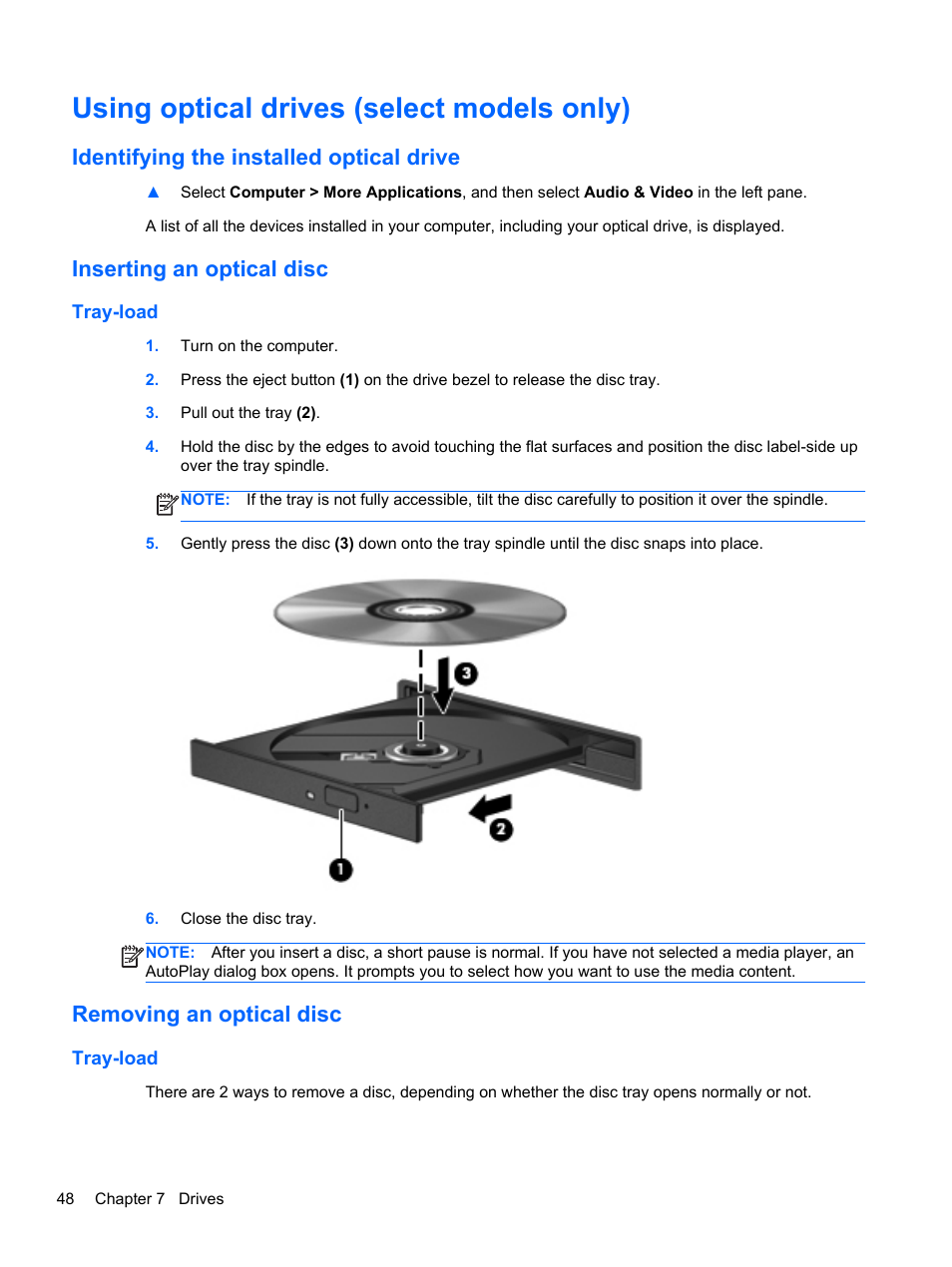 Using optical drives (select models only), Identifying the installed optical drive, Inserting an optical disc | Tray-load, Removing an optical disc | HP EliteBook 2570p Notebook PC User Manual | Page 58 / 106