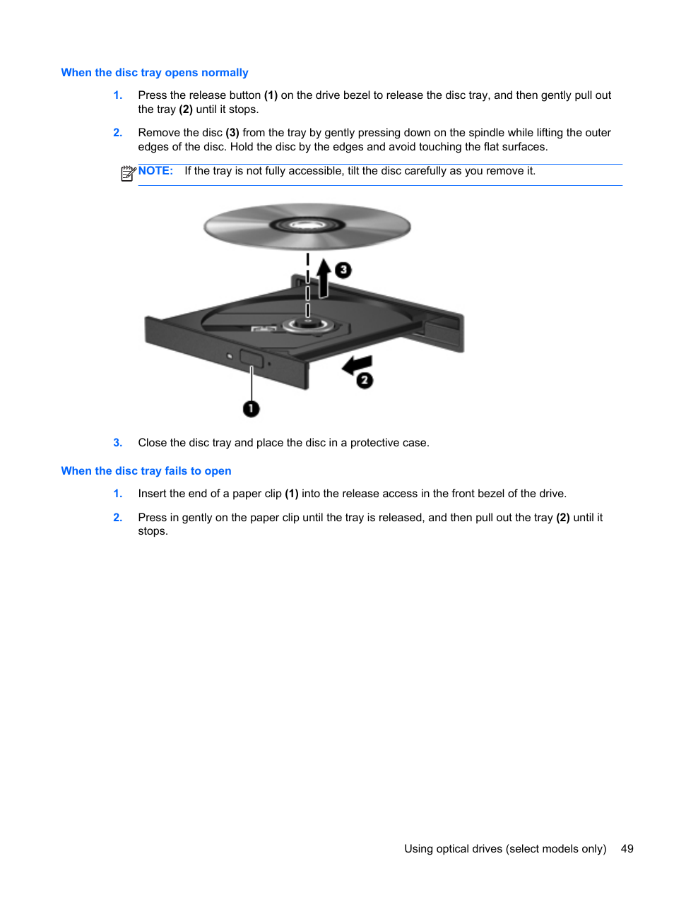 When the disc tray opens normally, When the disc tray fails to open | HP EliteBook 2570p Notebook PC User Manual | Page 59 / 106