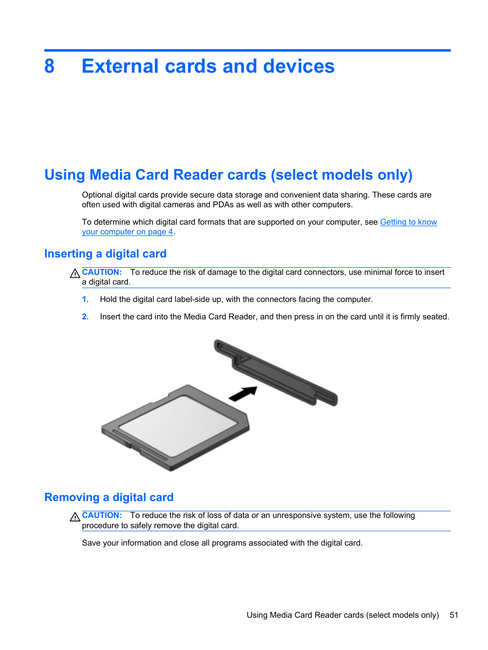 External cards and devices, Using media card reader cards (select models only), Inserting a digital card | Removing a digital card, 8 external cards and devices, 8external cards and devices | HP EliteBook 2570p Notebook PC User Manual | Page 61 / 106