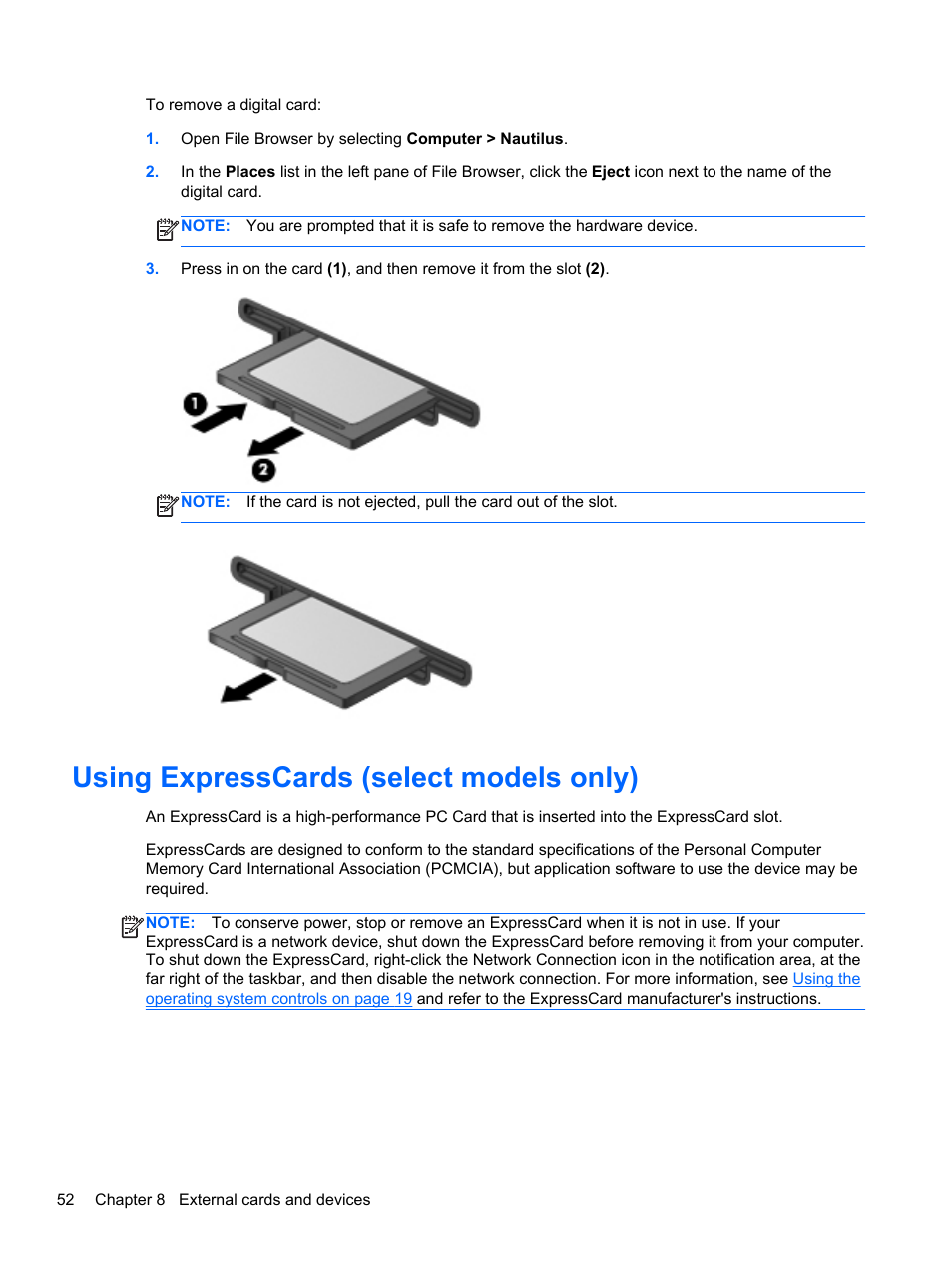 Using expresscards (select models only) | HP EliteBook 2570p Notebook PC User Manual | Page 62 / 106