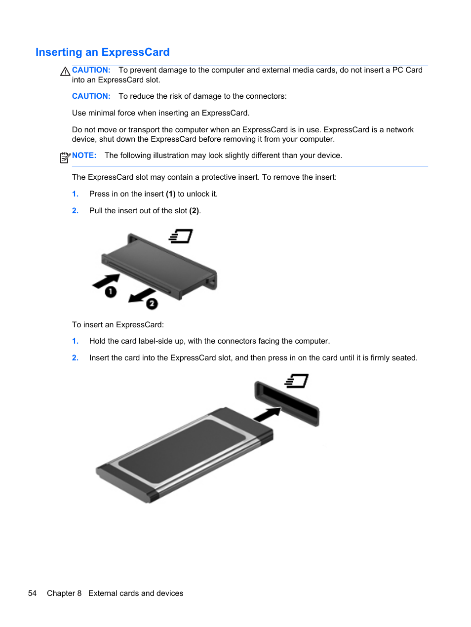 Inserting an expresscard | HP EliteBook 2570p Notebook PC User Manual | Page 64 / 106