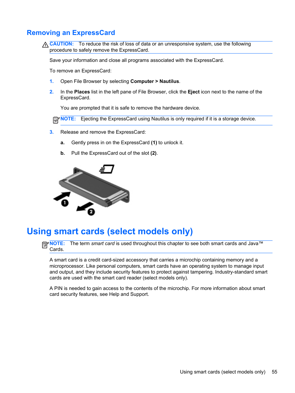 Removing an expresscard, Using smart cards (select models only) | HP EliteBook 2570p Notebook PC User Manual | Page 65 / 106