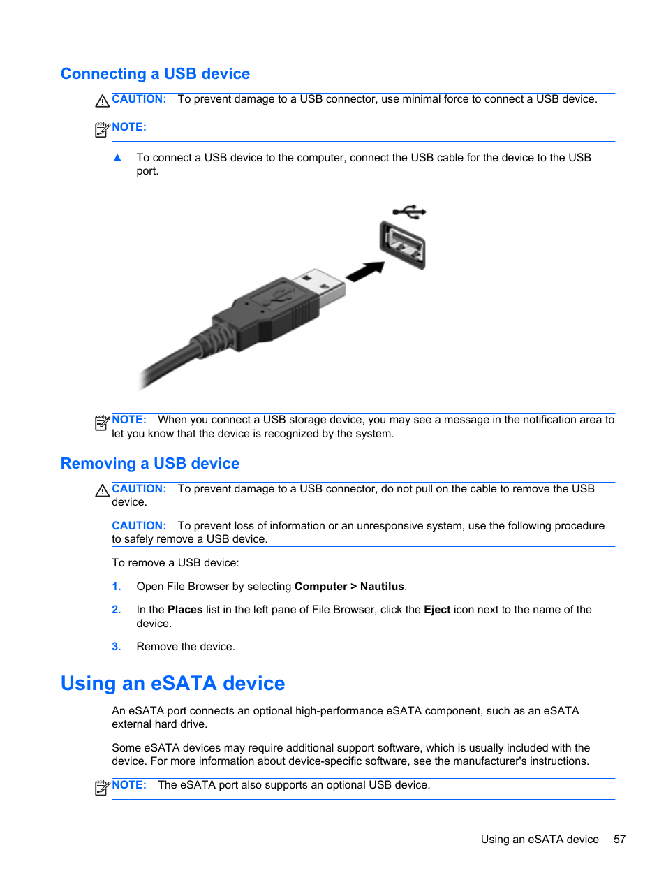 Connecting a usb device, Removing a usb device, Using an esata device | Connecting a usb device removing a usb device | HP EliteBook 2570p Notebook PC User Manual | Page 67 / 106