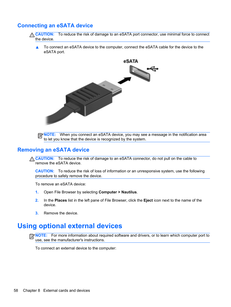 Connecting an esata device, Removing an esata device, Using optional external devices | HP EliteBook 2570p Notebook PC User Manual | Page 68 / 106