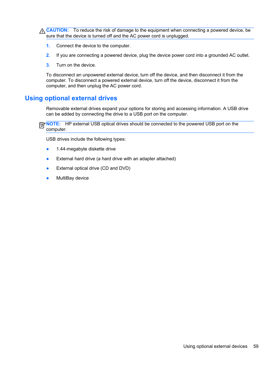 Using optional external drives | HP EliteBook 2570p Notebook PC User Manual | Page 69 / 106