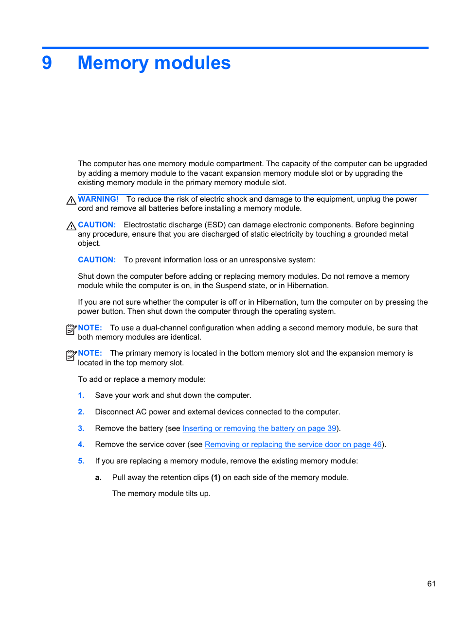 Memory modules, 9 memory modules | HP EliteBook 2570p Notebook PC User Manual | Page 71 / 106