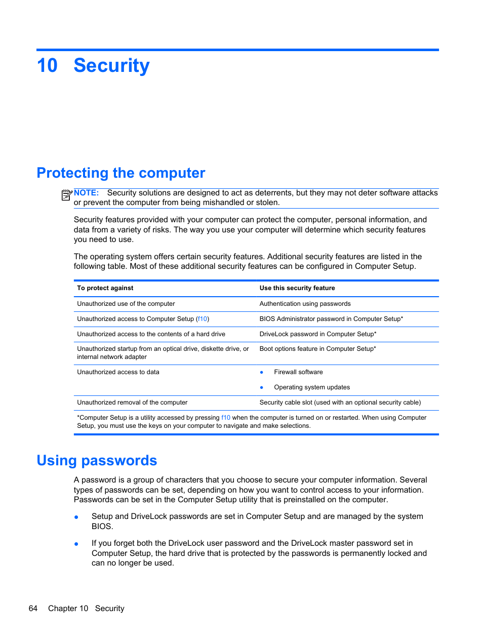 Security, Protecting the computer, Using passwords | 10 security, Protecting the computer using passwords | HP EliteBook 2570p Notebook PC User Manual | Page 74 / 106