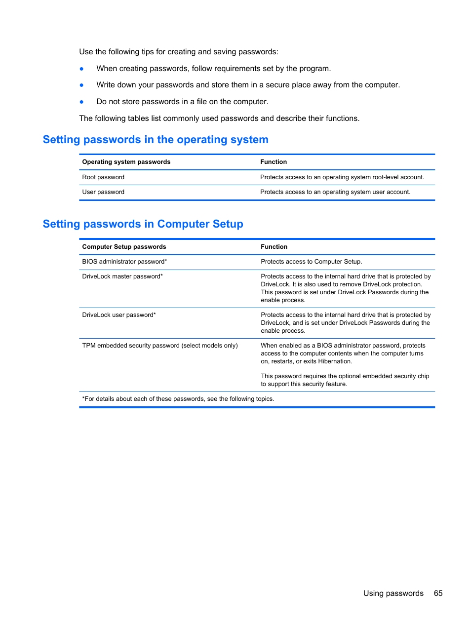 Setting passwords in the operating system, Setting passwords in computer setup | HP EliteBook 2570p Notebook PC User Manual | Page 75 / 106