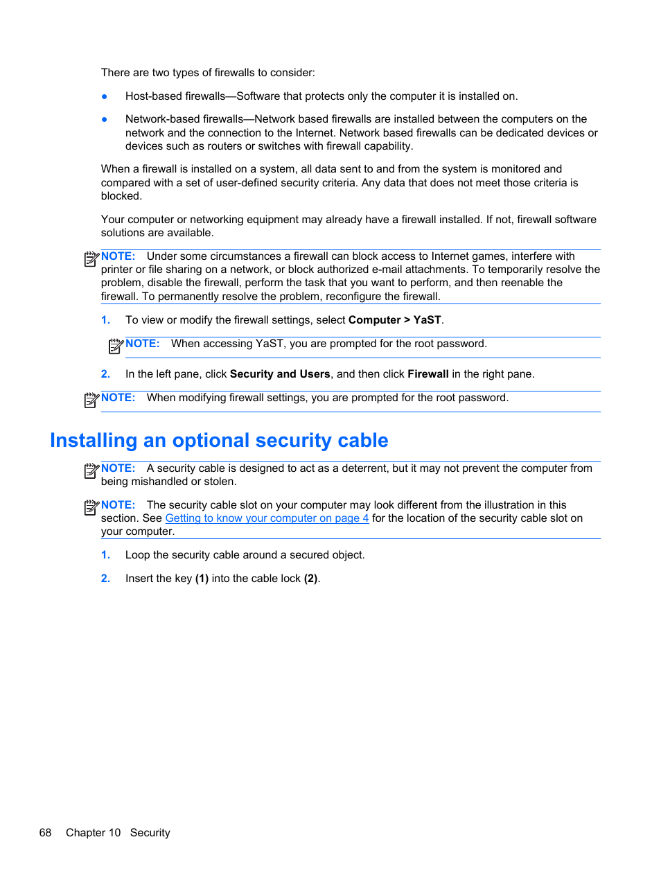 Installing an optional security cable | HP EliteBook 2570p Notebook PC User Manual | Page 78 / 106