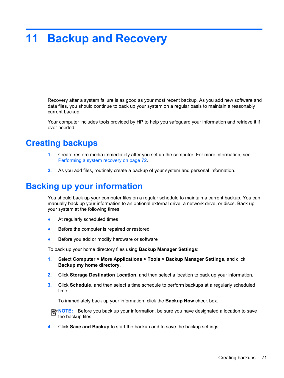 Backup and recovery, Creating backups, Backing up your information | 11 backup and recovery | HP EliteBook 2570p Notebook PC User Manual | Page 81 / 106