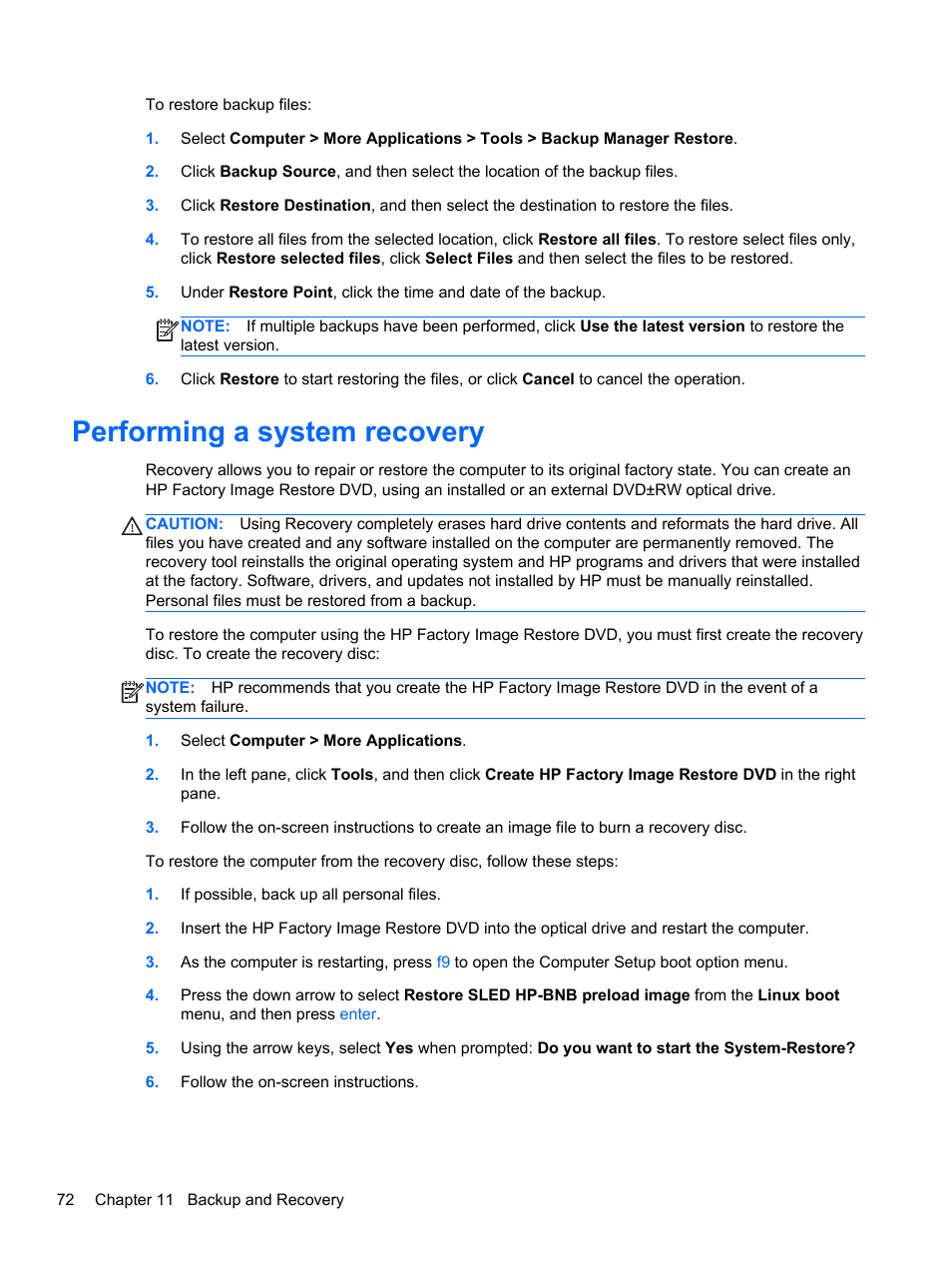 Performing a system recovery | HP EliteBook 2570p Notebook PC User Manual | Page 82 / 106