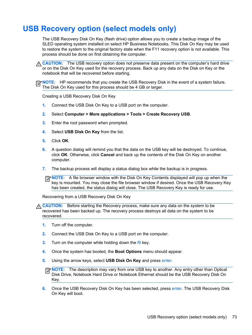 Usb recovery option (select models only) | HP EliteBook 2570p Notebook PC User Manual | Page 83 / 106